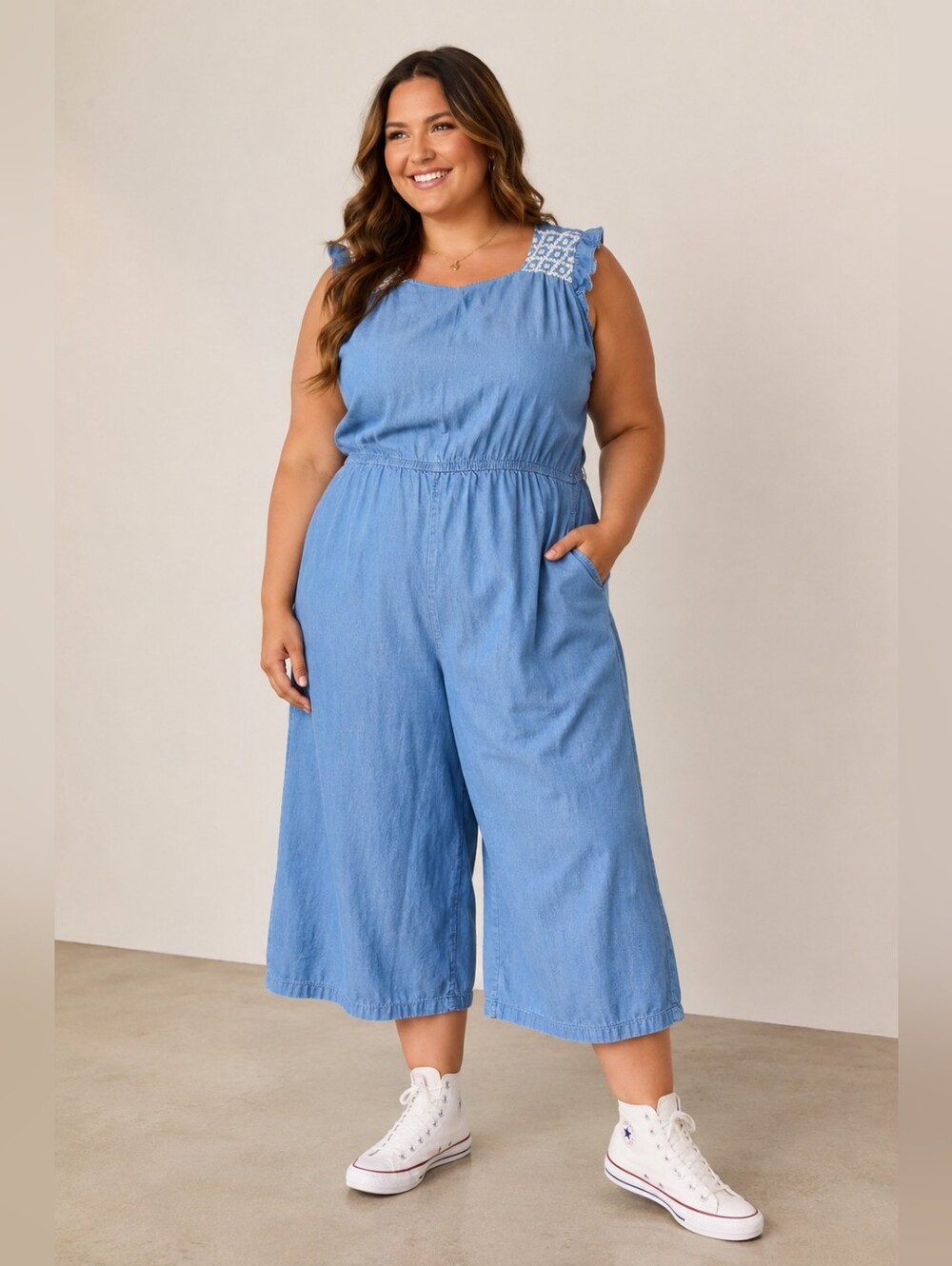 Old Navy Size XXL: Chambray Sleeveless Wide-Leg Jumpsuit with Embroidered Straps